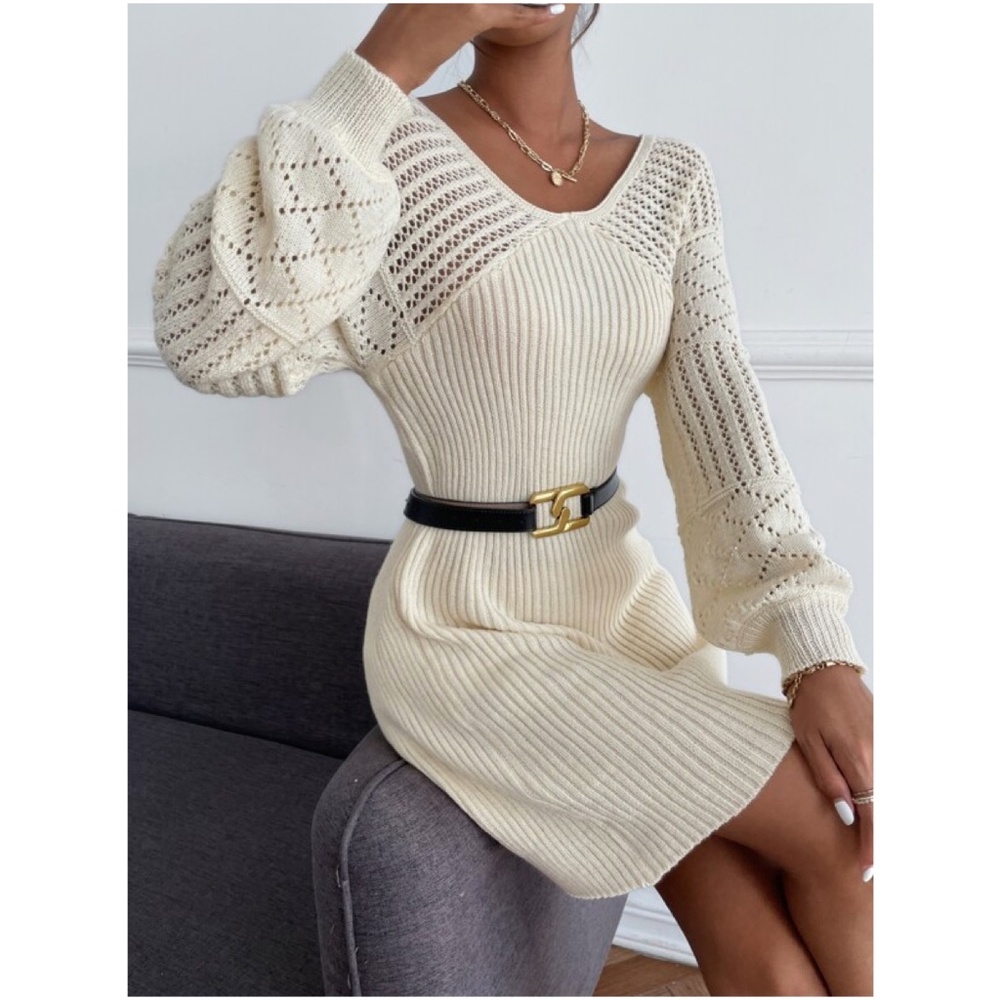 Cozy Cream V neck Lantern Sleeve Sweater Dress - Picture 3 of 4